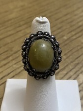 Vintage Taxco Mexico 980 Silver Large Green Cabochon Stone Ring Size 6.25