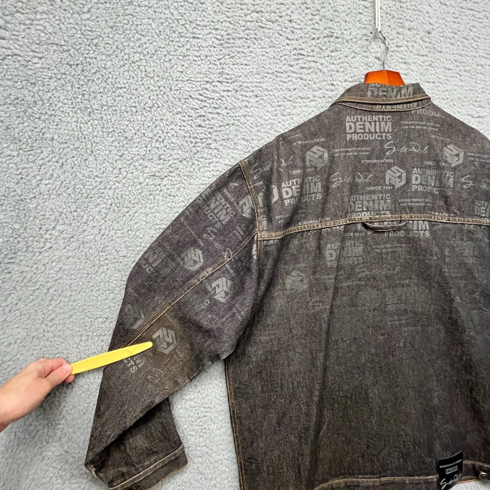 VTG South Pole Denim Jacket Mens XL Black Waxed AOP Graffiti Streetwear Logo - Image 2 of 4