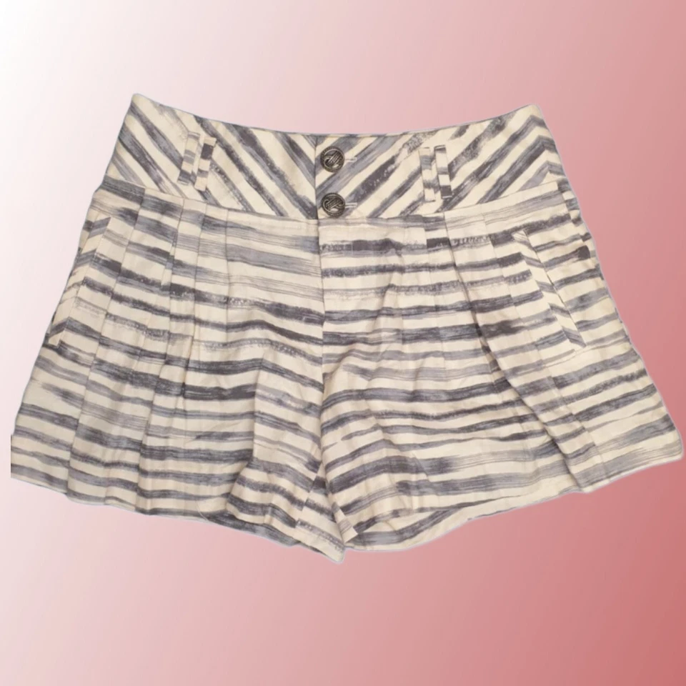 CARTONNIER ANTHROPOLOGIE Striped Linen Shorts Sz 12 Pleated High Waist Grey Blue - Image 2 of 4