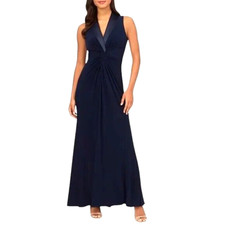 Adrianna Papell Womens Dress Size 4 Navy Blue Sleeveless Twist Front Tuxedo Gown
