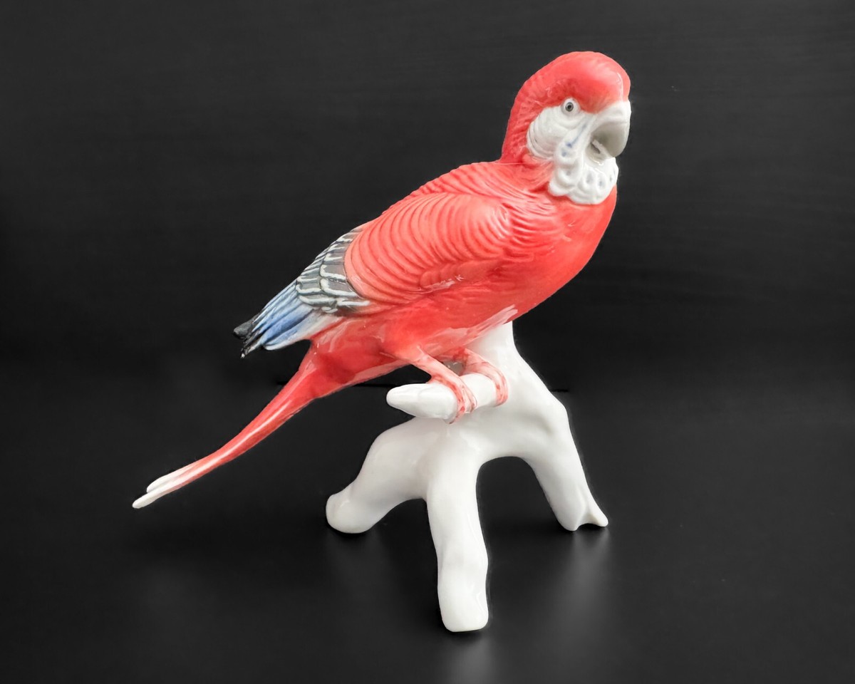 Karl Ens Rare Sitting Red Budgerigar Parakeet Parrot Bird Branch  Figurine