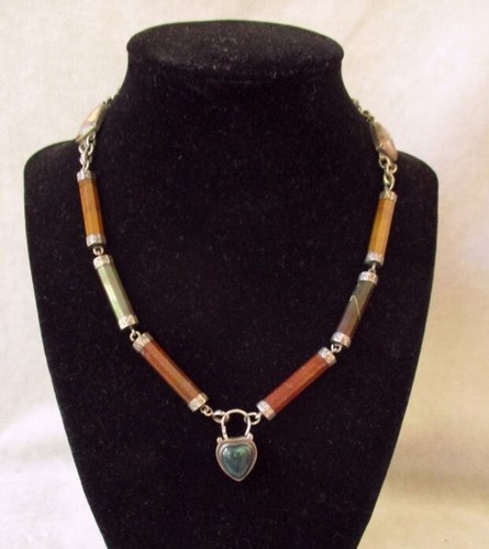 Antique Scottish Necklace Multicolor Agate & Silver Heart Padlock Choker 16" - Picture 1 of 14