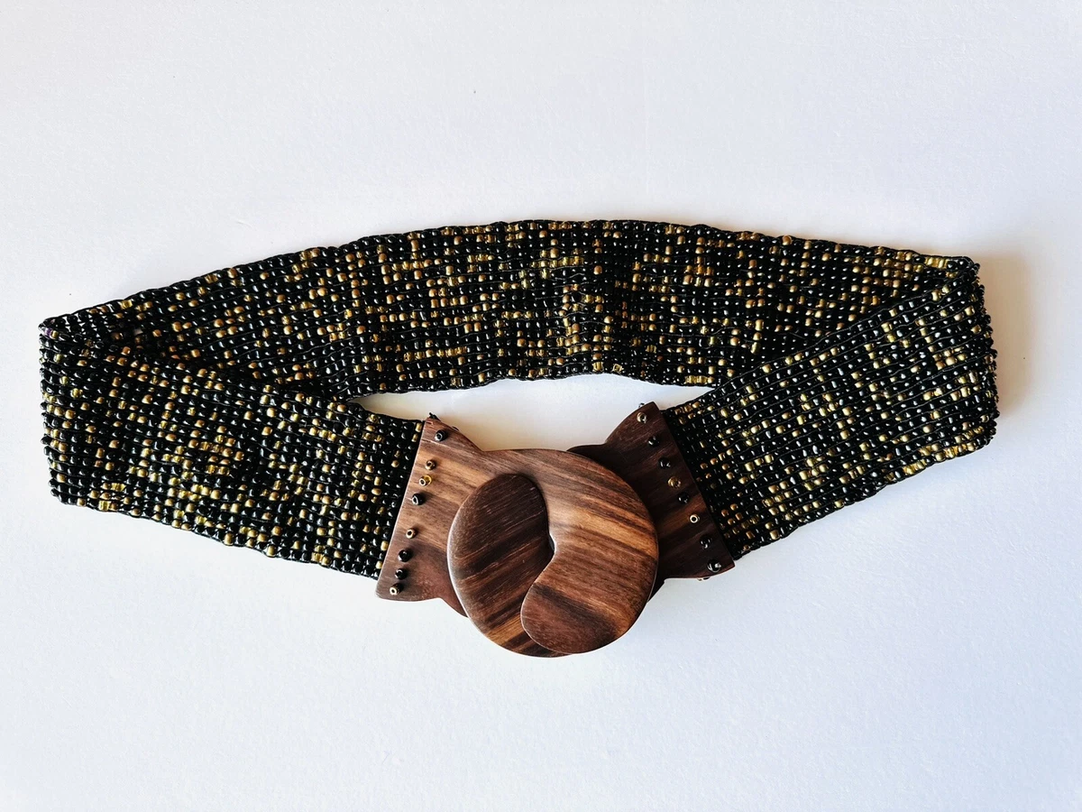 Vintage Dark Brown Beaded Stretch Belt With Beautiful Hook Buckle Vintage Beaded Stretch Belt - Etsy main image 4