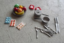 Lot of Small Vintage Dollhouse Utensils Fruit on Dish Buttons Pan More