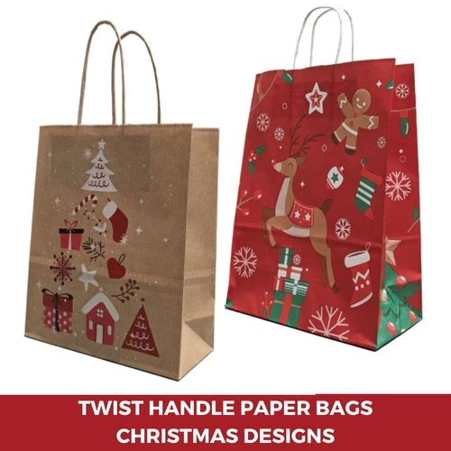 Christmas Paper Gift Bags Twisted Handle Party Carrier Recyclable Xmas Tree