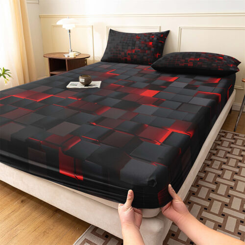 3Pcs Checked Grid 3D Visual Geometry Fitted Sheet Mattress Cover Set Deep Pocket - Picture 3 of 20