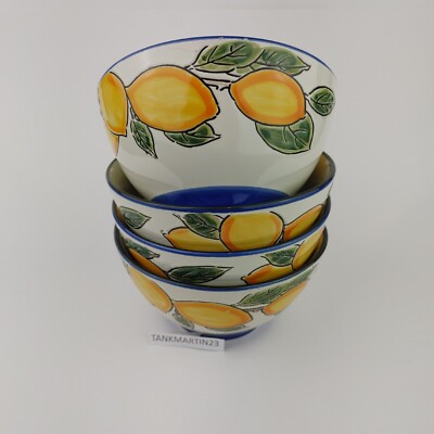 4 Spectrum Designz Lemon Valley 6'' Soup Salad Cereal Bowls Yellow Blue 2019 B