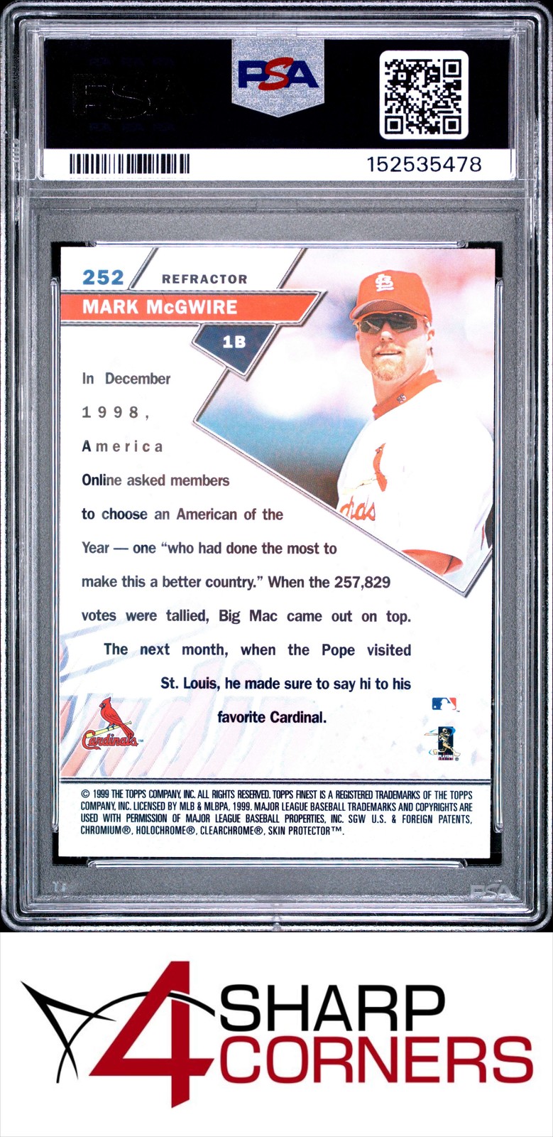 1999 FINEST REFRACTOR #252 MARK McGWIRE CARDINALS POP 3 PSA 8 view 2