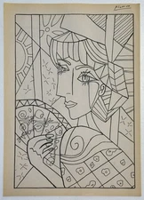 Pablo Picasso (Handmade) Drawing On Old Paper Signed & Stamped, vtg art
