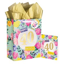13" Large Floral 40th Birthday Gift Bag with Card and Tissue Paper Female