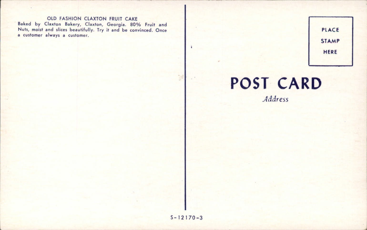 Claxton Georgia Fruit Cake bakery vintage unused advertising postcard