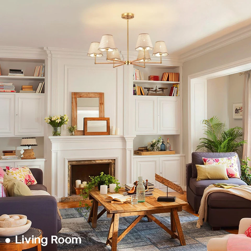 Lámpara de araña boho de ratán, lámpara de techo colgante dorada de 6 luces, ajustable... Foto 2 de 4