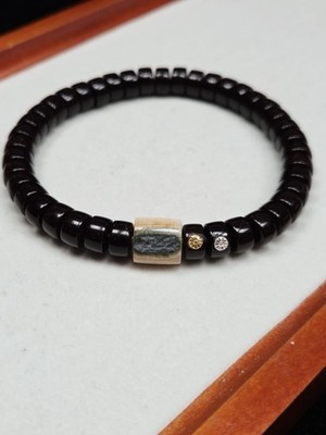 7.8mm Black Coconut Shell Bracelet | Mammoth Ivory Bead | Gold & Silver Inlay