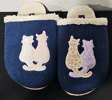 LANDS' END Scuff Slippers Blue With Cats Felt Faux Fur Women's Size 7B