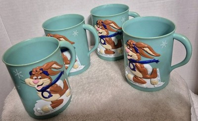 Nestle Quik Ice Skating Bunny Blue Plastic 3D Mugs Winter Nesquik Set Lot of 4
