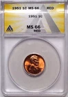 MS 66 RD 1951 Lincoln Wheat Cent graded by ANACS. Red UN coin! Hard to Find