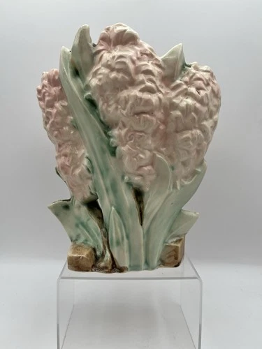 Antique McCoy vase Soft Pink Hyacinths & Leaves Vtg Floral Pottery Vase