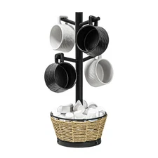 Wood Mug Holder Tree With Woven Basket, 4 Hooks Coffee Mug Holder, Countertop...