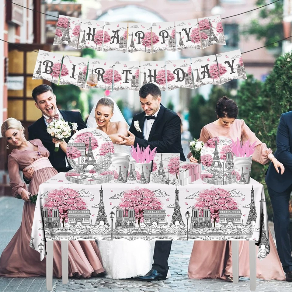 Paris Themed Party Decorations - 142PCS Eiffel Tableware Set Include Plates, ... - Image 4 of 4