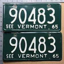 1965 Vermont license plate pair 90483 YOM DMV Ford Chevy Dodge 18094