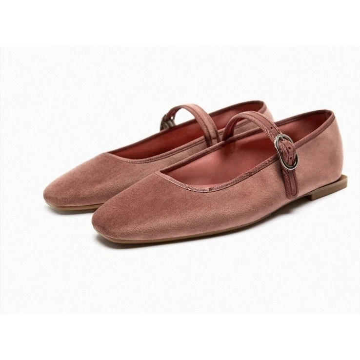 Zapatos Zara Para Mujer Talla 37 Rubor Rosa Terciopelo Mary Jane Planos Puntera Cuadrada Ballet Foto 3 de 4