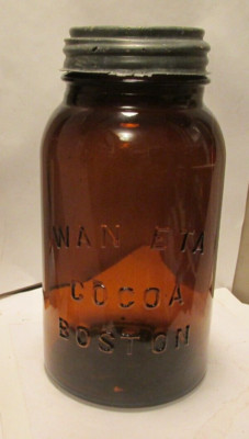 vintage amber fruit jar type-Wan Eta Cocoa Boston quart old bottles kitchenware