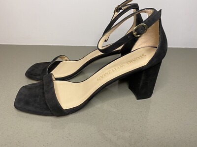 $490 Stuart Weitzman Nudistcurve 75 Block Heel Sandal BLACK SUEDE 12B 12 