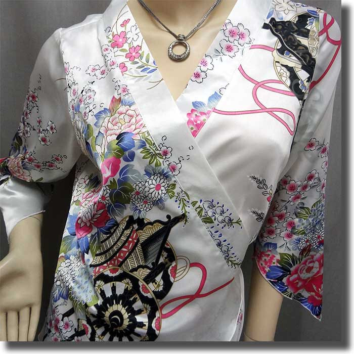 Yukata Kimono Design Silky Satin Wrap Tie Top White 2XL XXL | eBay