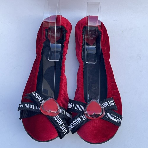 Love Moschino Velvet Ballet Flats 38 Red Acrylic Heart Logo Bow Leather Insole - Picture 2 of 9