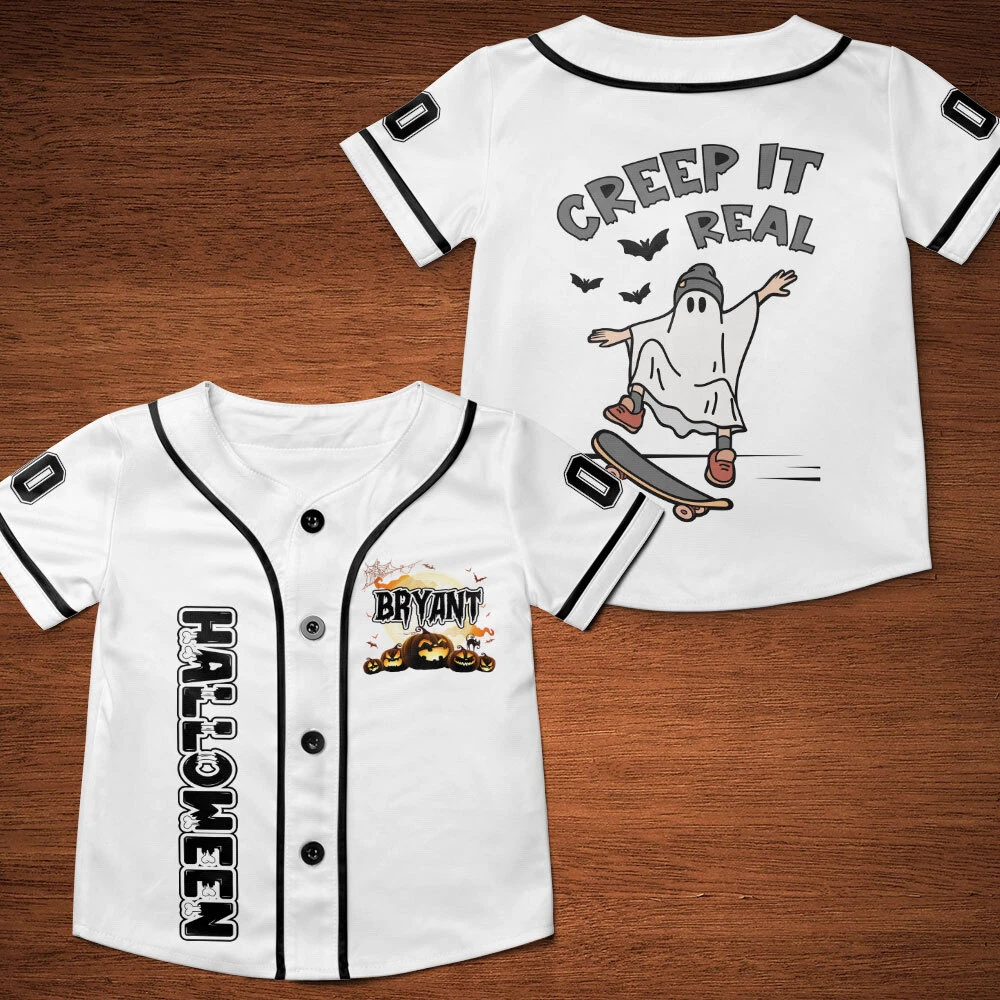 Customized Creep It Real Halloween Baseball Jersey, Ghost Skateboarding Jersey