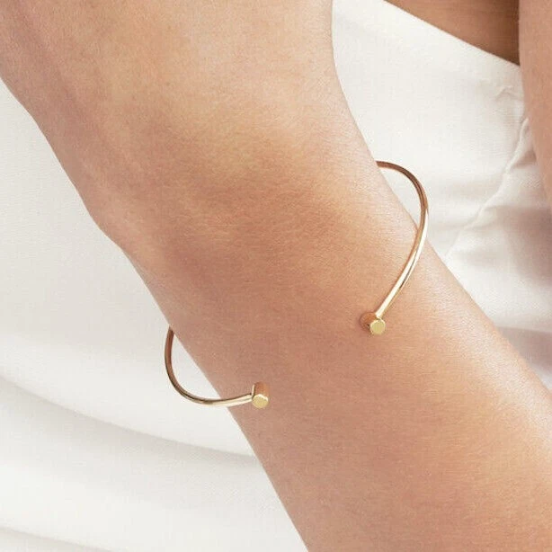 14K Yellow White Rose Gold Slim Round Cuff Bangle Bracelet (Solid Links) - Image 4 of 4