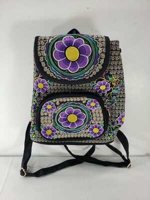 Black Backpack Embroidered w/ Purple Flowers Make Up Compartment Snap Closure