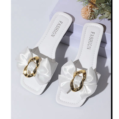 Fashion Women's White/Gold Leather Bow Buckle Slip-On Slide Sandals US 8