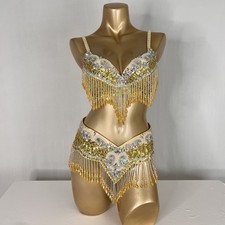 Make to Order Beaded Belly Dance Costume Samba Carnival Outfit Bra Belt Gold