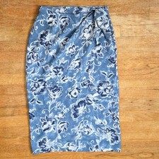 Vintage Blue Silk Floral Pencil Skirt Size XS 25-26" Waist 90s Wrap Look Midi