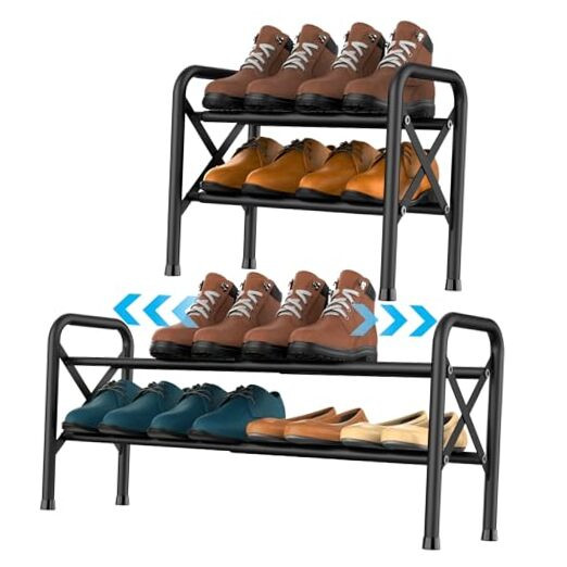 2-Tier Expandable Black Shoe Rack for Closet, Adjustable Shoe Organizer