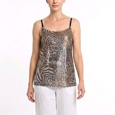 Women's top size 38 40 Italy sequin top tiger print spagetti blouse shirt brown