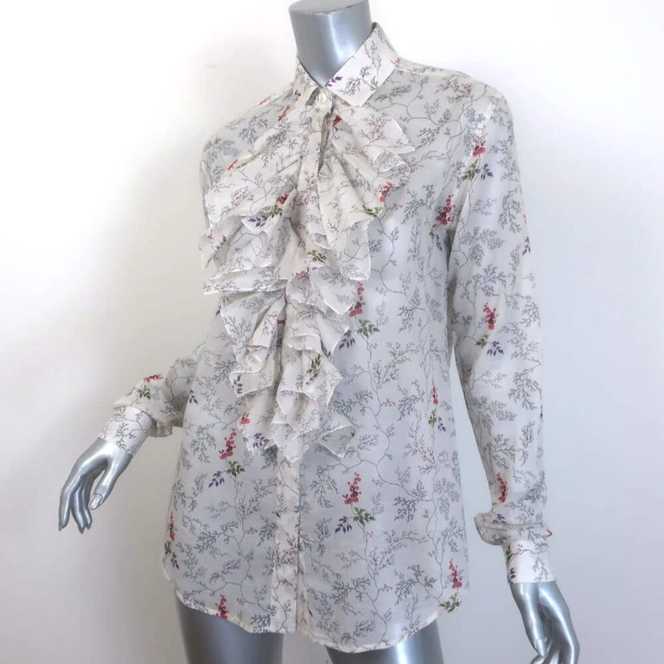 Blusa Saint Laurent con Volantes Blanca Estampado Floral Algodón Talla 34 Camisa con Botones Foto 3 de 4