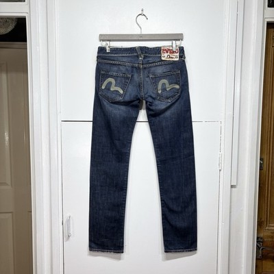 Evisu Jeans Blau Slim Baumwolle Low Rise Kontrastnähte Zip Fly Gr. 27