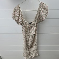 Faded Rose Floral Puff Sleeve Mini Dress Ivory Pink Green Size L Pullover