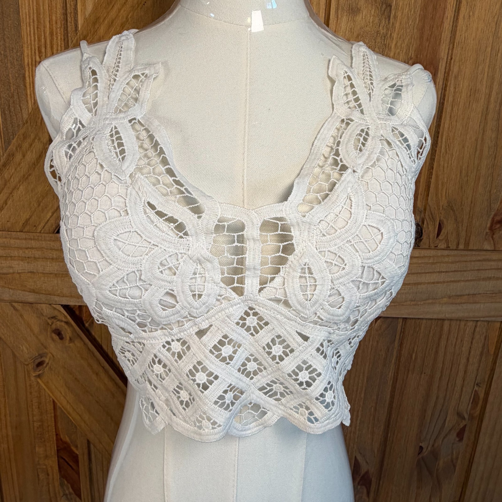 Womens Lace Bralette Crop Top White Boho Festival Crochet Size L