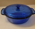 Anchor Hocking Cobalt Blue Glass Round Casserole Dish w/ Lid, 9in 2 Qt VTG USA