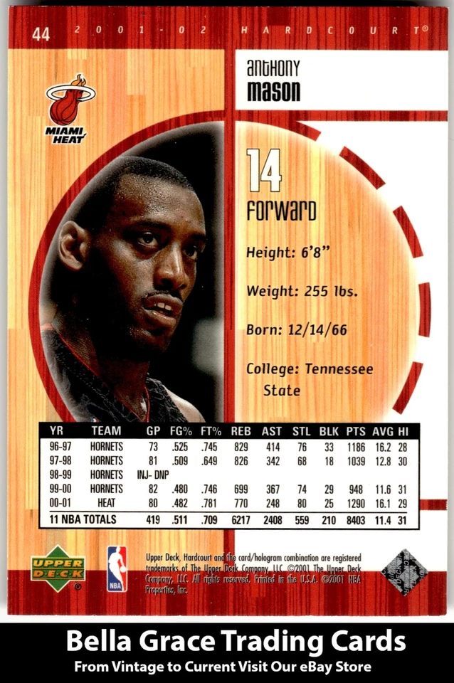 2001-02 Upper Deck Hardcourt #44 Anthony Mason Miami Heat NBA Basketball - Image 2 of 2