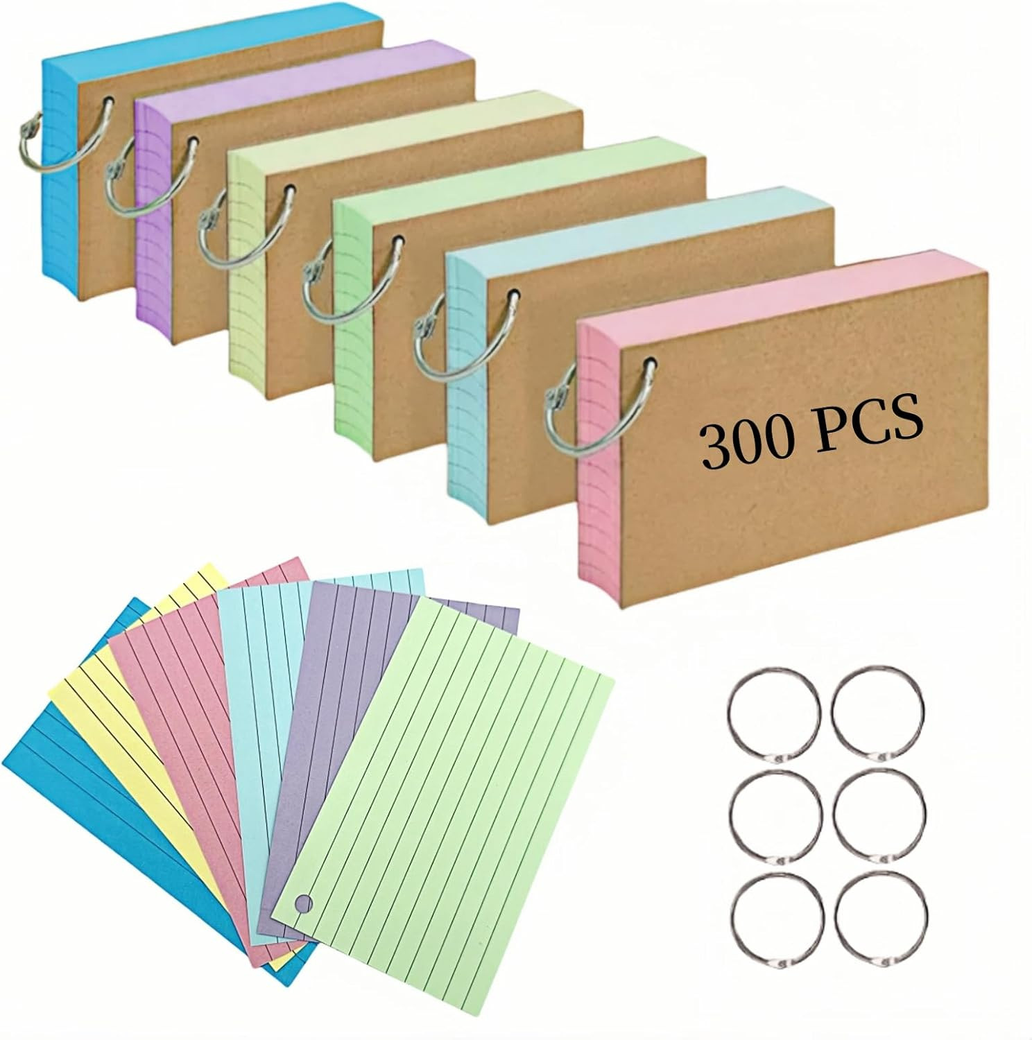 Flash Cards 300 PCS Revision Cards 3X5 Inch Kraft Paper Notecards with 6 Metal B