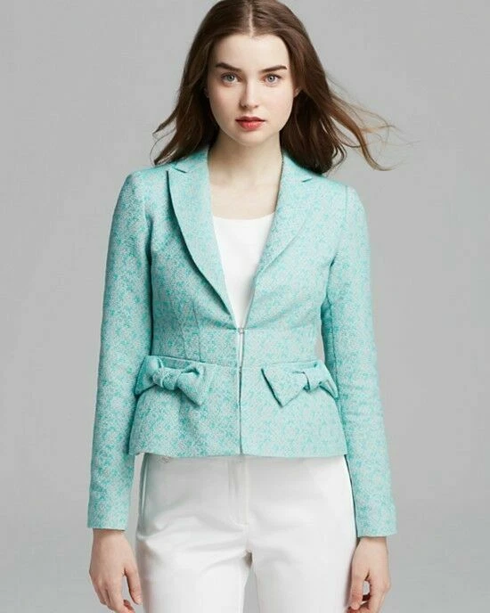 NWT $498 Nanette Lepore Lost In Love Tweed Bow Pocket Jacket Aqua Size 8