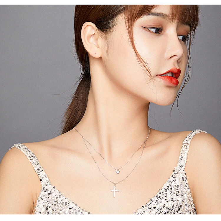 Collar con dije de plata esterlina 100 % Voroco cadena de corazón cruzado para mujer joyería Foto 3 de 4