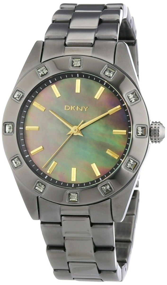 NEW DKNY GUNMETAL,PEWTER TONE S/STEEL+MOP,GOLD,CRYSTAL DIAL 