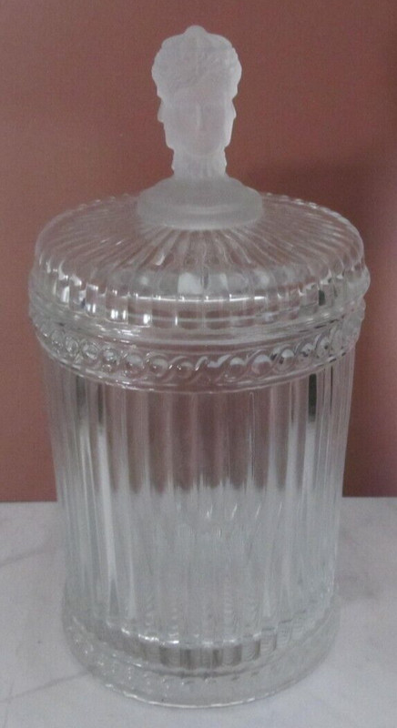 Vintage Glass Canister Jar w/ 3 Faces/Portrait Knob MMA MCM Ribbed Body w/ Lid