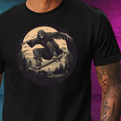 Mens Grim Reaper Skateboarding Motif Cotton T-Shirt Size XS to 5XL
