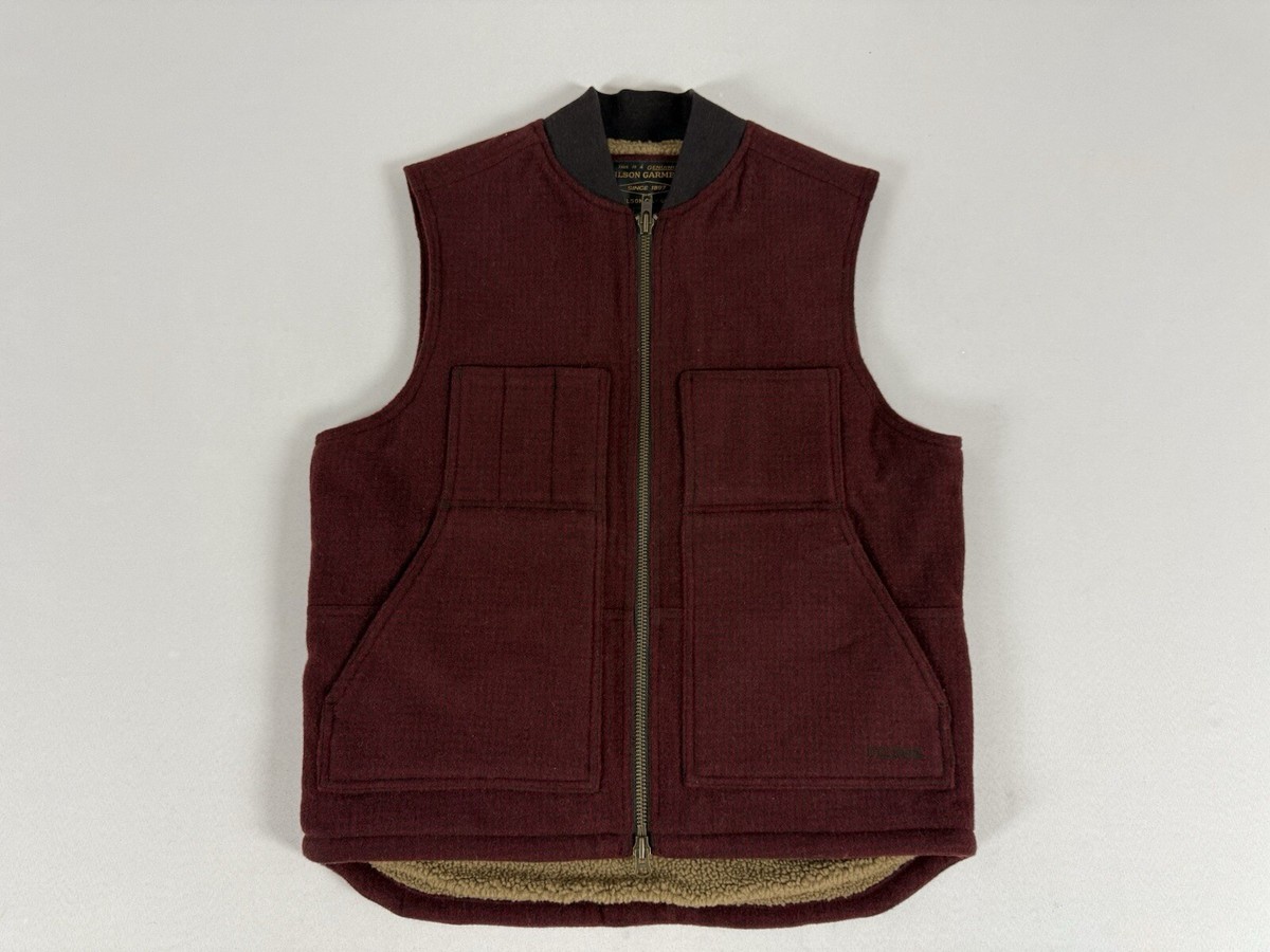FILSON LINED MACKINAW WOOL WORK VEST DARK RED/BLACK HOUNDSTOOTH L